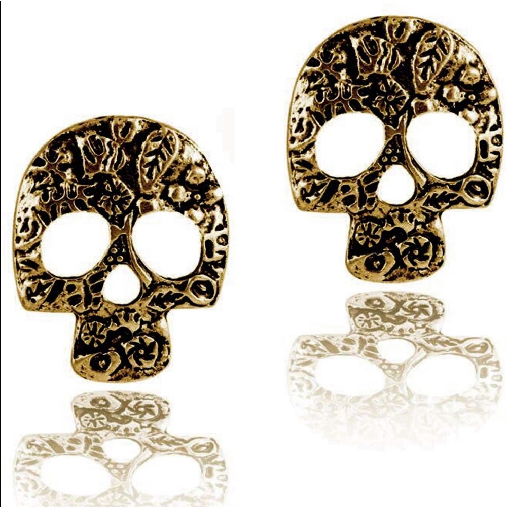 Gold Floral Sugar Skull Earrings Stud
